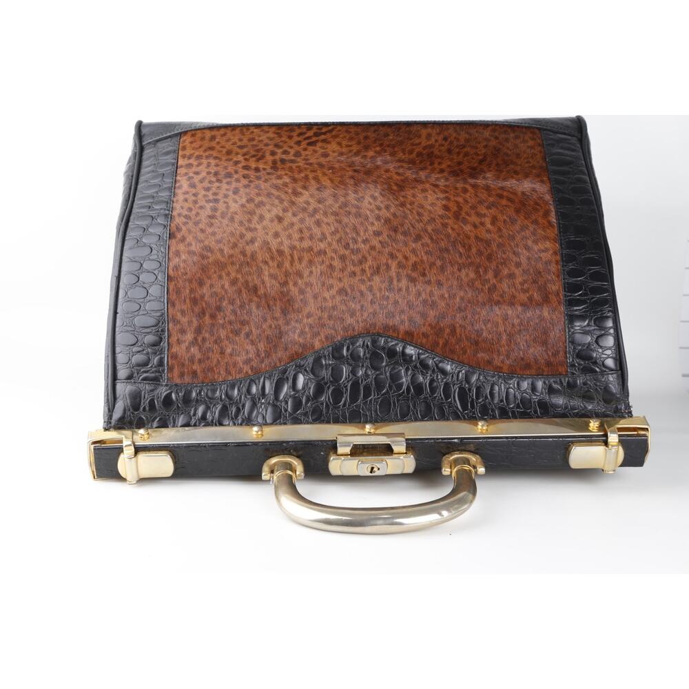 Rare Vintage L’ior Structured Doctor Frame Bag Croc Embossed Leather Calf Hair - Picture 15 of 16
